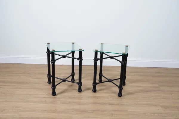 A PAIR OF BLACK PAINTED METAL AND GLASS SQUARE SIDE TABLES (2)