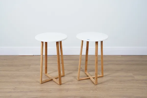 HABITAT, A PAIR OF WHITE CIRCULAR OCCASIONAL TABLES (2)