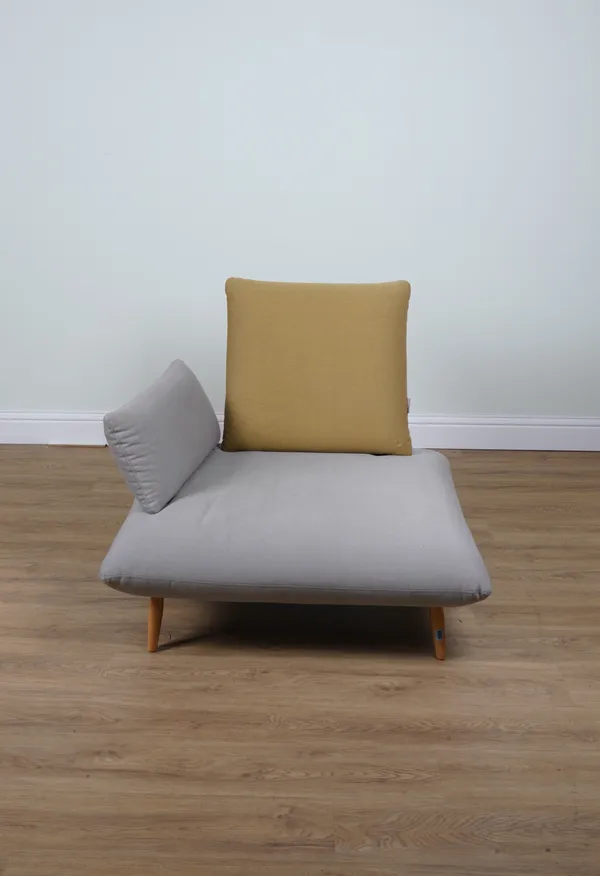 HABITAT, A GREY AND YELLOW UPHOLSTERED LOW ARMCHAIR