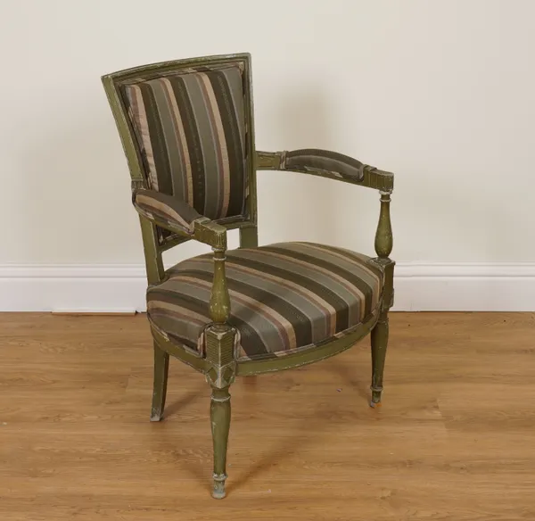 A FRENCH GREEN PAINTED OPEN ARMCHAIR