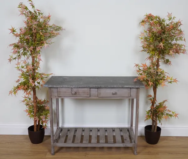 A GREY PAINTED TWO DRAWER SIDE TABLE