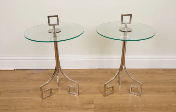 A PAIR OF CHROME AND GLASS CIRCULAR OCCASIONAL TABLES (2)