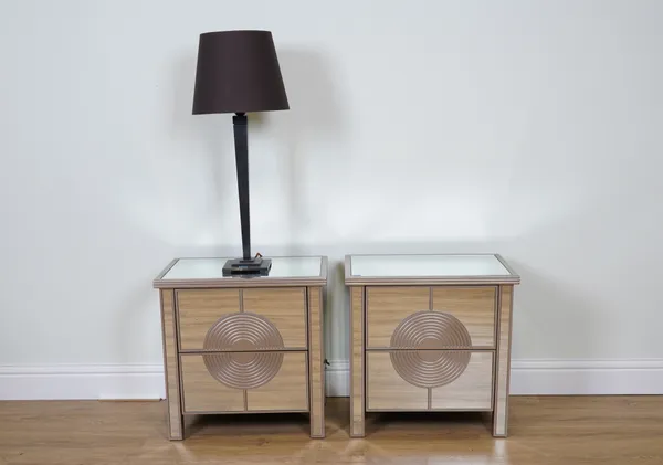 A PAIR OF SILVER PAINTED AND MIRRORED BEDSIDE CHESTS (2)