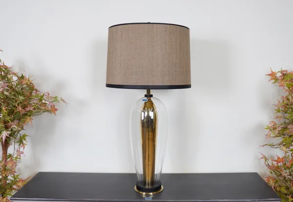 A LARGE PIETER ADAM BRASS AND GLASS TABLE LAMP WITH BROWN COTTON SHADE