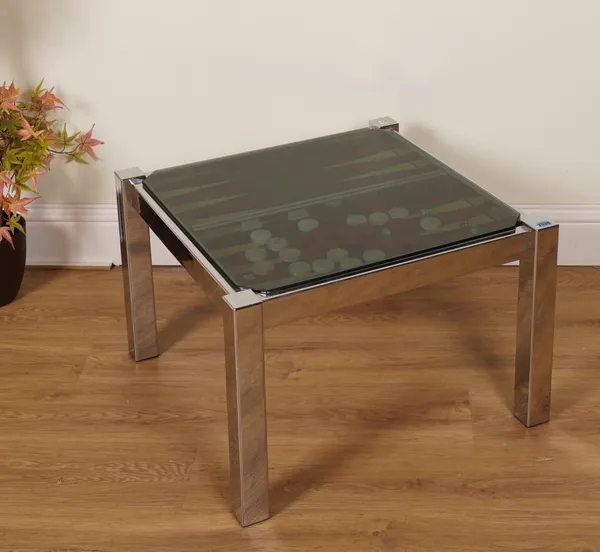 A CHROME AND SHADED GLASS SQUARE SIDE TABLE