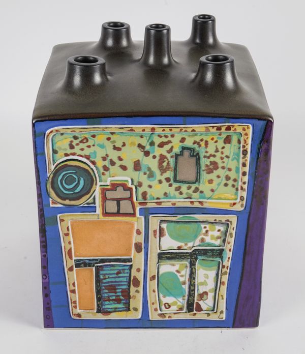 A ROSENTHAL SQUARE SHAPED VASE, BLUMENHAUS, BY FRIENDENSREICH HUNDERTWASSER (AUSTRIAN, 1928-2000)