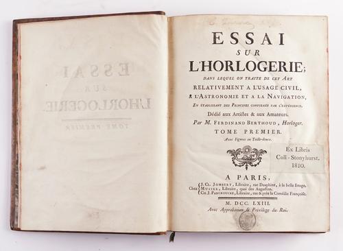 BERTHOUD, Ferdinand (1727-1807). Essai sur l'Horlogerie, Paris, 1763, 2 volumes, 4to, 38 folding plates, tables, contemporary calf. FIRST EDITION. (2)