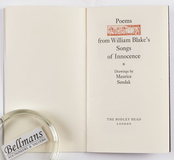 SENDAK, Maurice (1929-2012, illustrator) - William BLAKE (1757-1827).  Poems from William Blake's Songs of Innocence, London, 1967, tall 12mo, 8 illustrations by Maurice Sendak, printed in sepia. Original wrappers. FIRST EDITION. ONE OF 275 COPIES. RARE.