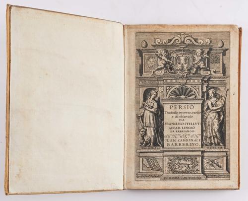 STELLUTI, Francesco (1577-1653, editor and translator). Persio Tradotto in verso, Rome, 1630, 4to, engraved title, portrait and 5 illustrations, contemporary vellum. FIRST EDITION of the first book to include illustrations as seen through a microscope.