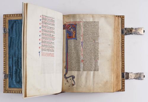 BIBLE, in Latin, illuminated manuscript on vellum, probably Paris or northern France, 13th-century, 4to (216 x 155mm), c.480 leaves with 86 FINE HISTORIATED INITIALS painted in colours and gold [see note], 19th-century brown morocco, clasps.