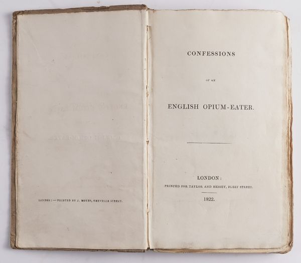 [DE QUINCEY, Thomas (1785-1859)].  Confessions of an English Opium-Eater, London, 1822, 12mo, half title, original publisher's boards, later book box by Riviere. FIRST EDITION.