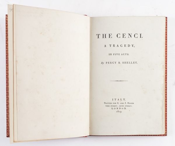 SHELLEY, Percy Bysshe (1792-1822).  The Cenci, "Italy" [i.e. Livorno], 1819, 4to, FINELY BOUND in late 19th-century full red crushed morocco gilt. FIRST EDITION.
