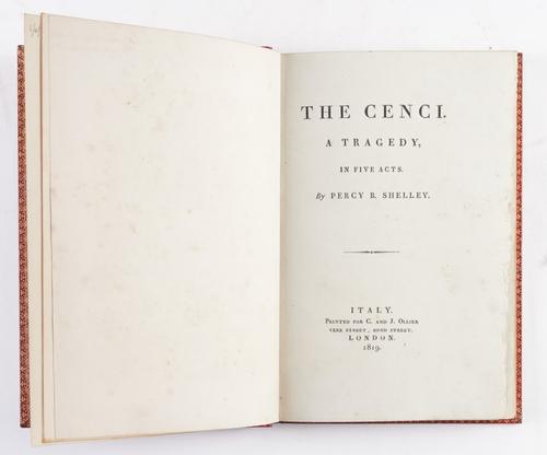 SHELLEY, Percy Bysshe (1792-1822).  The Cenci, "Italy" [i.e. Livorno], 1819, 4to, FINELY BOUND in late 19th-century full red crushed morocco gilt. FIRST EDITION.