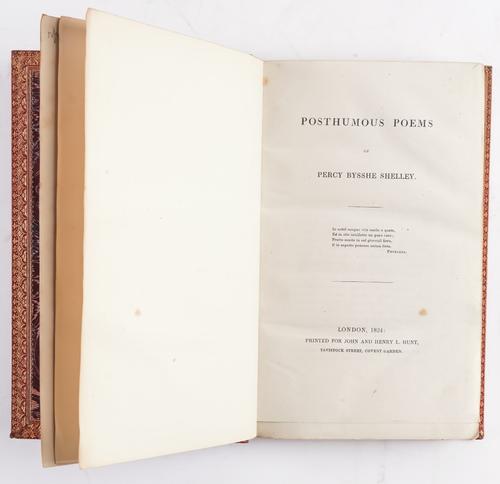 SHELLEY, Percy Bysshe (1792-1822). Posthumous Poems, London, 1824, large 8vo, preface by Mary Shelley, FINELY BOUND in late 19th-century full red crushed morocco gilt. FIRST EDITION. RARE. With The Shelley Papers (London, 1833, uniformly bound). (2)