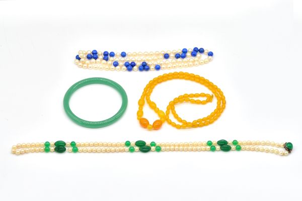 THREE BEAD NECKLACES AND A BANGLE (4)