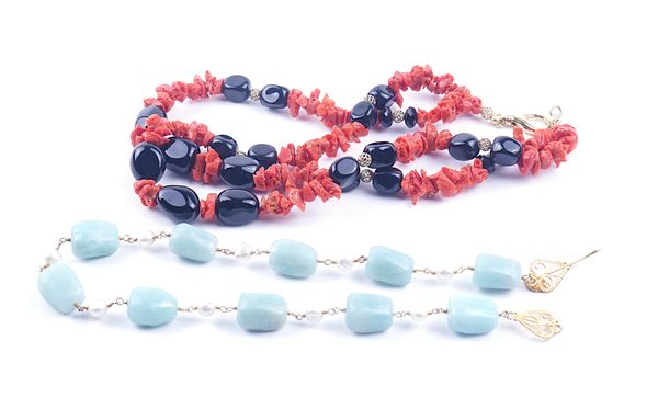 A TWO ROW CORAL NECKLACE AND ANOTHER NECKLACE (2)