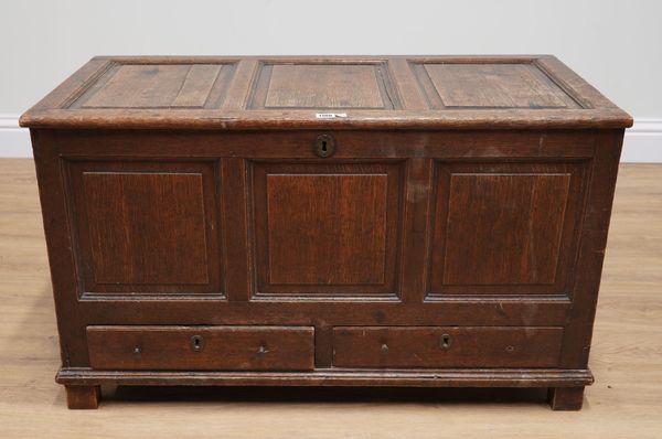 A DIMINUTIVE 18TH CENTURY OAK TRIPLE PANEL MULE CHEST