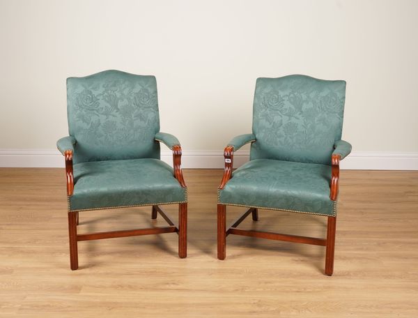 A PAIR OF MAHOGANY FRAMED GAINSBOROUGH OPEN ARMCHAIRS IN THE MID 18TH CENTURY STYLE (2)