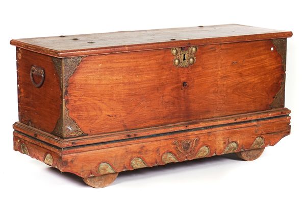 A LARGE 19TH CENTURY INDIAN BRASS BOUND RECTANGULAR TRUNK