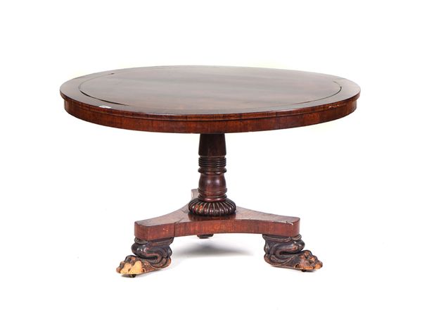 A REGENCY BRASS INLAID ROSEWOOD CIRCULAR SNAP-TOP BREAKFAST TABLE