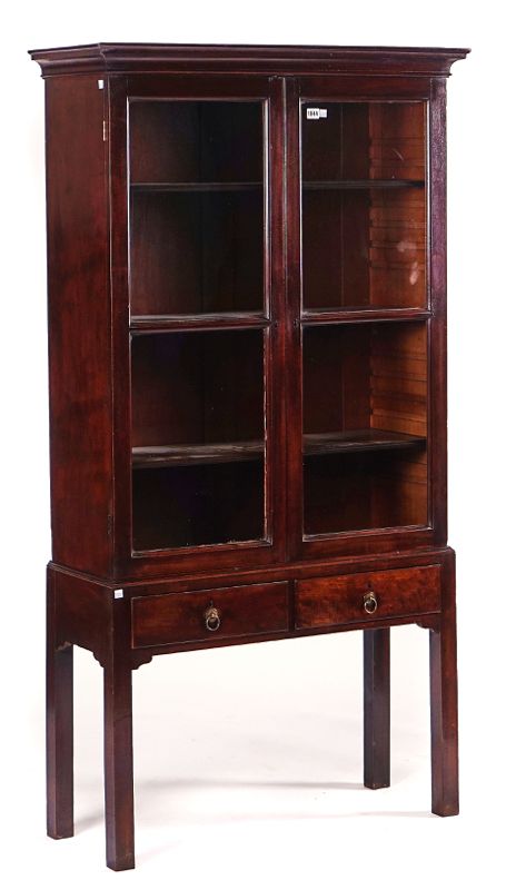 A GEORGE III MAHOGANY DISPLAY CABINET ON STAND