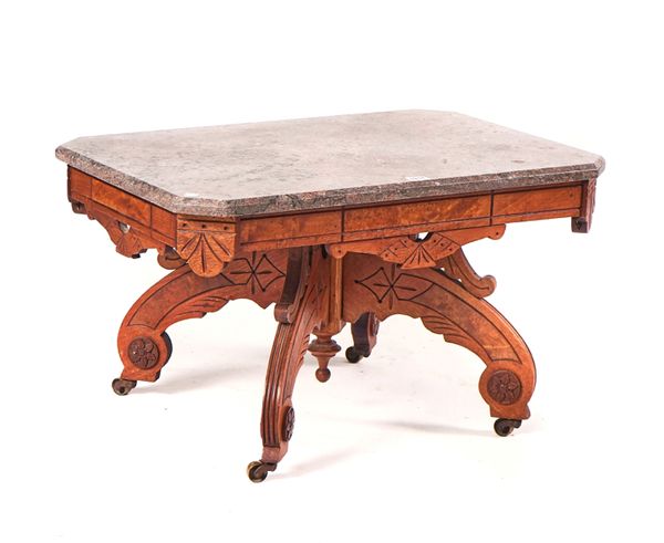 A VICTORIAN GOTHIC REVIVAL LOW MARBLE TOP CENTRE TABLE