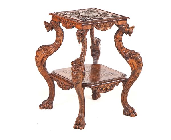 AN EASTERN CARVED HARDWOOD SQUARE TWO TIER OCCASIONAL TABLE