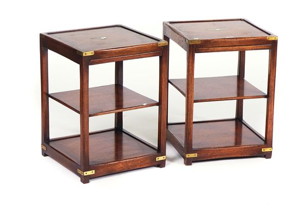 A PAIR OF CAMPAIGN STYLE SQUARE THREE TIER OCCASIONAL TABLES (2)