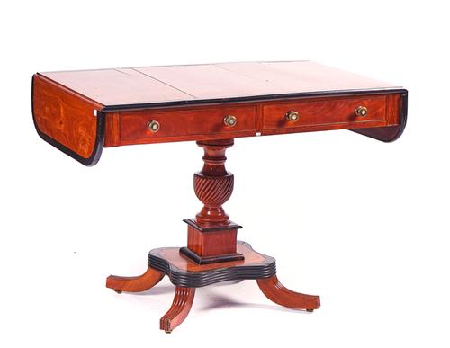 A 19TH CENTURY ANGLO-INDIAN CEYLONESE, COROMANDEL BANDED, SATINWOOD SOFA TABLE