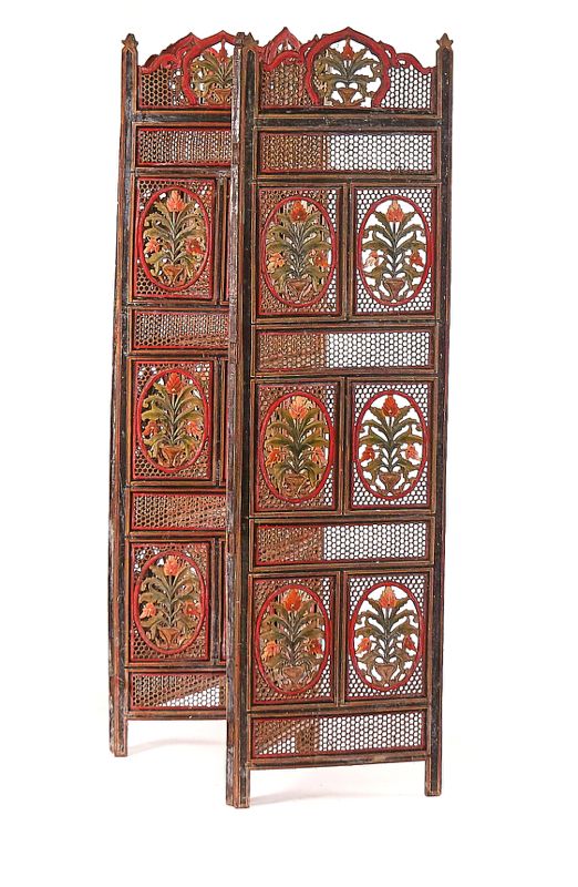 AN EASTERN POLYCHROME PAINTED FOUR-FOLD DRAFT SCREEN