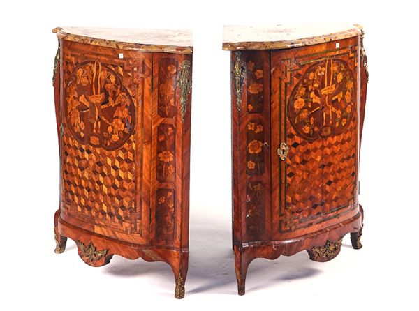 A PAIR OF LOUIS XVI GILT-METAL MOUNTED KINGWOOD MARQUETRY CORNER CABINETS OR ENCOIGNURES (2)