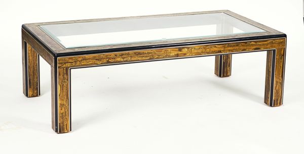 BERNHARDT ROHNE FOR MASTERCRAFT; AN ACID ETCHED AND PATINATED BRASS AND EBONISED WOOD COFFEE TABLE