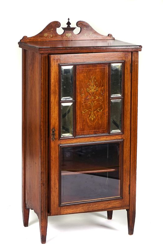AN EDWARDIAN MARQUETRY INLAID ROSEWOOD SIDE CABINET