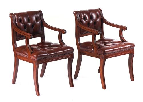 A PAIR OF REGENCY STYLE MAHOGANY FRAMED OPEN ARMCHAIRS (2)