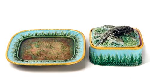 A GEORGE JONES MAJOLICA SARDINE BOX, COVER AND STAND