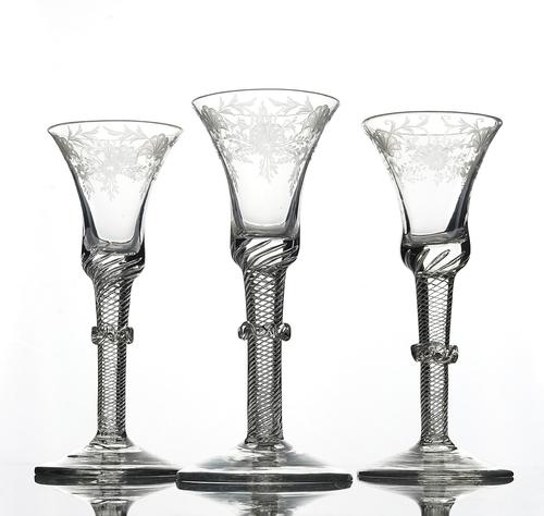 THREE ENGRAVED AIRTWIST WINE GLASSES