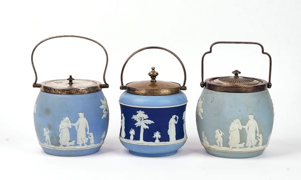 THREE WEDGWOOD BLUE JASPER DIP BISCUIT BARRELS WITH PLATED COVERS AND MOUNTS