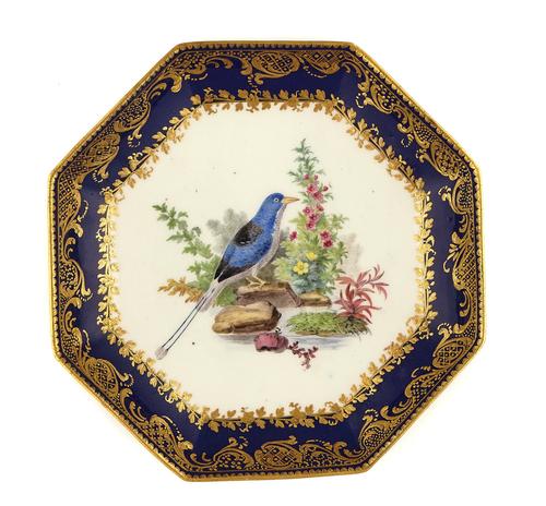 A SEVRES OCTAGONAL BLUE-GROUND ORNITHOLICAL DISH