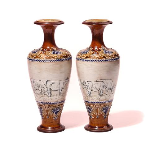 A PAIR OF ROYAL DOULTON STONEWARE VASES BY HANNAH BARLOW