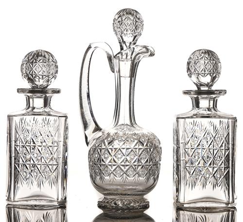 A PAIR OF THOMAS WEBB CRYSTAL `WELLINGTON' CUT SQUARE WHISKY DECANTERS AND STOPPERS