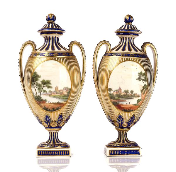 A PAIR OF CHELSEA-DERBY TWO-HANDLED SLENDER OVOID VASES AND COVERS