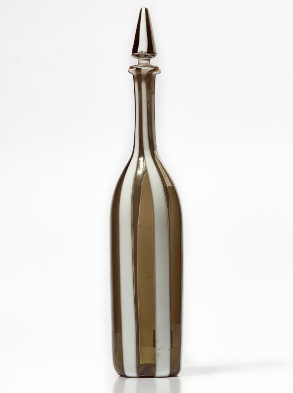 A TALL VENINI GLASS BOTTLE AND STOPPER