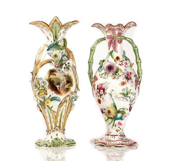 TWO ENGLISH PORCELAIN FLOWER ENCRUSTED VASES