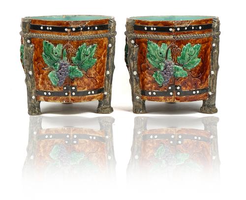 AN UNUSUAL PAIR OF MAJOLICA CIRCULAR JARDINIERES (2)