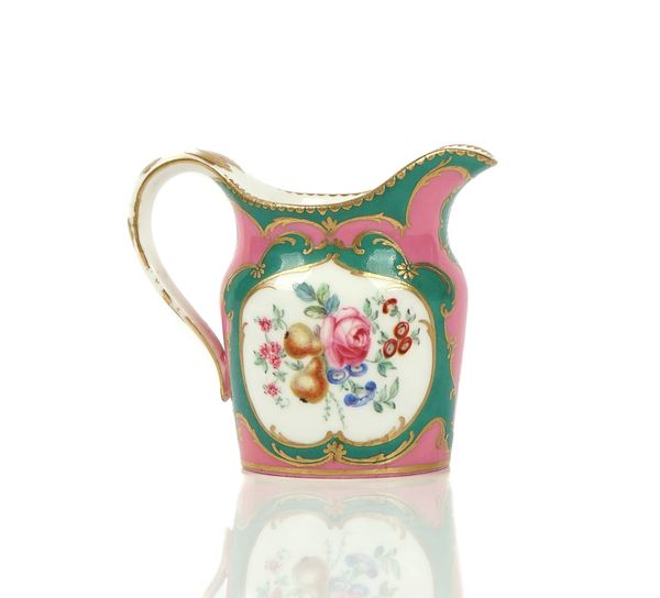 A SEVRES STYLE PINK AND GREEN GROUND MILK JUG