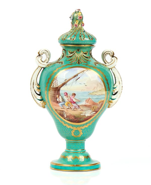 A SEVRES LATER DECORATED GREEN-GROUND POT POURRI VASE AND COVER