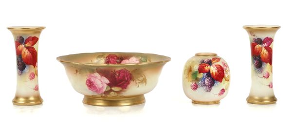 A PAIR OF ROYAL WORCESTER SMALL BEAKER VASES AND VASE BY KITTY BLAKE