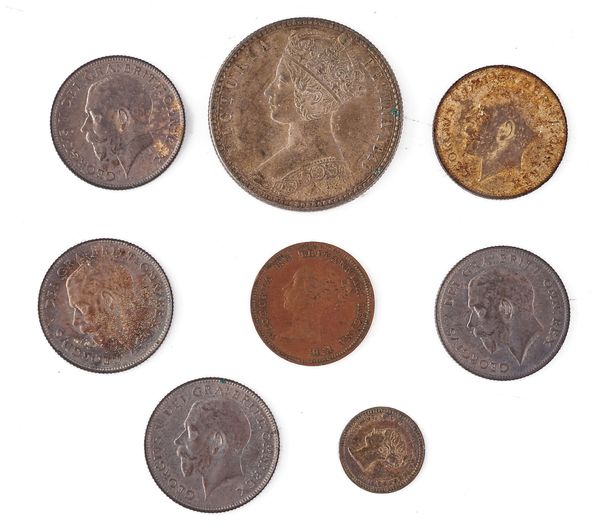 A VICTORIA GODLESS FLORIN 1849 AND SEVEN FURTHER COINS (8)