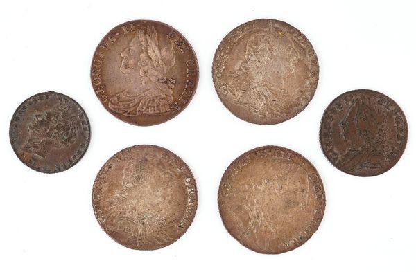 A GEORGE II SHILLING AND FIVE FURTHER COINS (6)