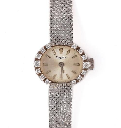 A DUGENA WHITE GOLD AND DIAMOND SET LADIES BRACELET WRISTWATCH